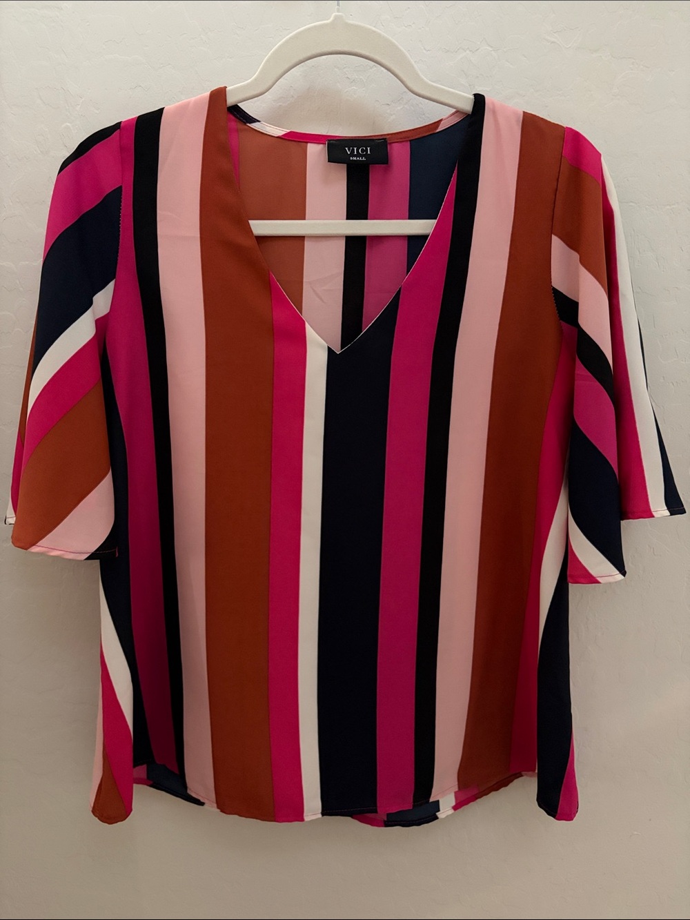 Vici Women's Striped V-Neck Blouse - Pink, Brown, Navy, White
